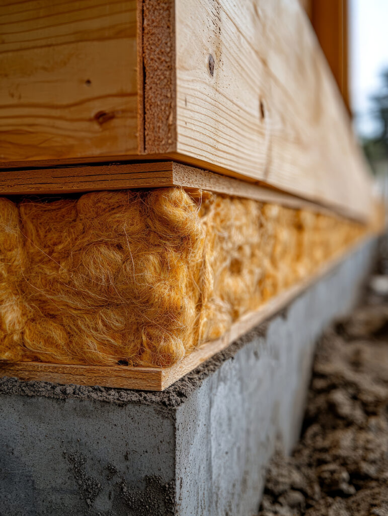 Close-up of building insulation in a wooden wall.