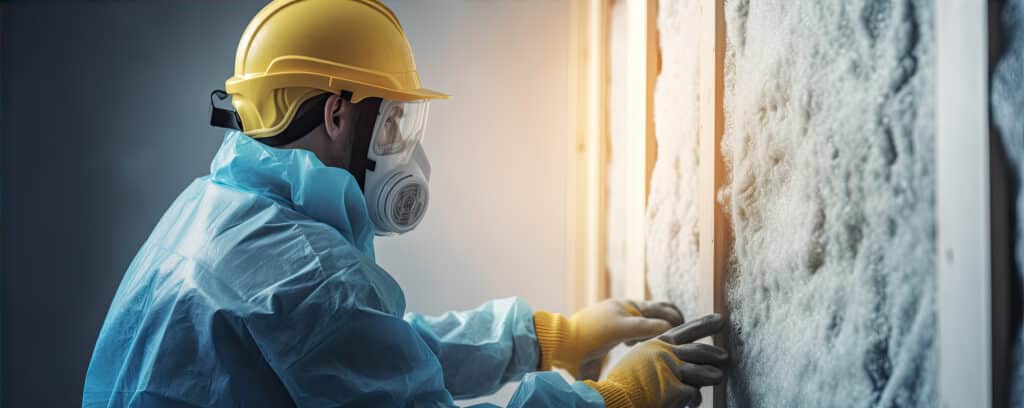Construction worker installing house wall insulation in new home.